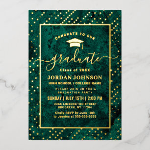 Invitación Con Relieve Metalizado Moderna fiesta de graduación de mármol verde esmer