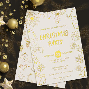 Invitación Con Relieve Metalizado Moderna Fiesta de Navidad Simple Blanca y Dorada E