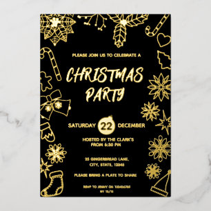 Invitación Con Relieve Metalizado Moderna Fiesta de Navidad Simple Negra y Dorada El