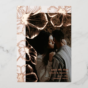 Invitación Con Relieve Metalizado Moderna Foto Floral Elegante Boda Guardar la Fecha