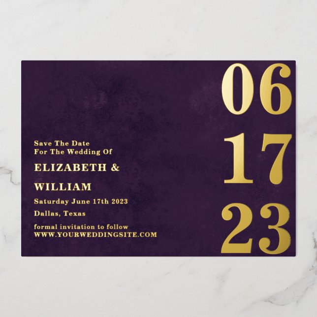 Invitación Con Relieve Metalizado Moderna Foto Mínima De Oro Púrpura Salvar La Fecha (Anverso)