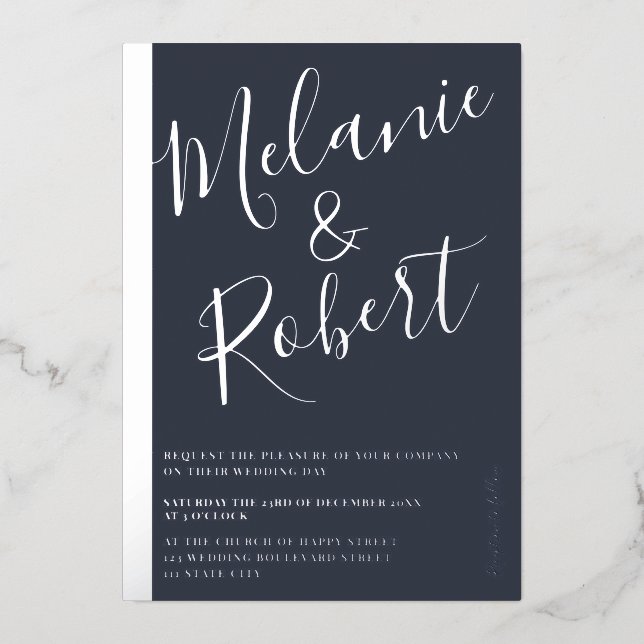 Invitación Con Relieve Metalizado Moderna franja de plata en negrita boda azul (Anverso)