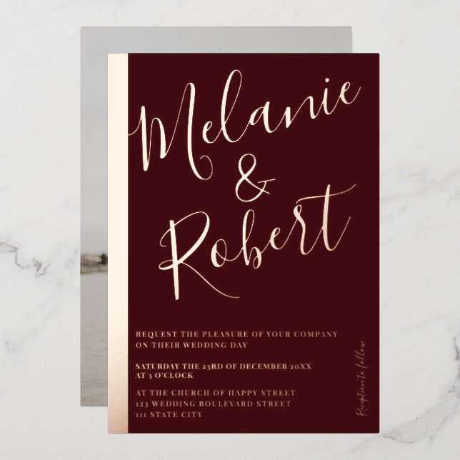 Invitación Con Relieve Metalizado Moderna franja dorada boda rojo rosa (Anverso/Reverso)