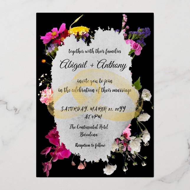 Invitación Con Relieve Metalizado Moderna frontera floral elegante (Anverso)