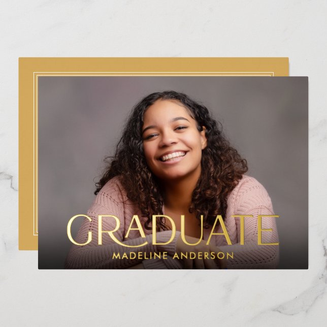 Invitación Con Relieve Metalizado Moderna graduación minimal Foto Gold (Anverso/Reverso)