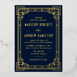 Invitación Con Relieve Metalizado Moderna marina Boda Art Deco y oro