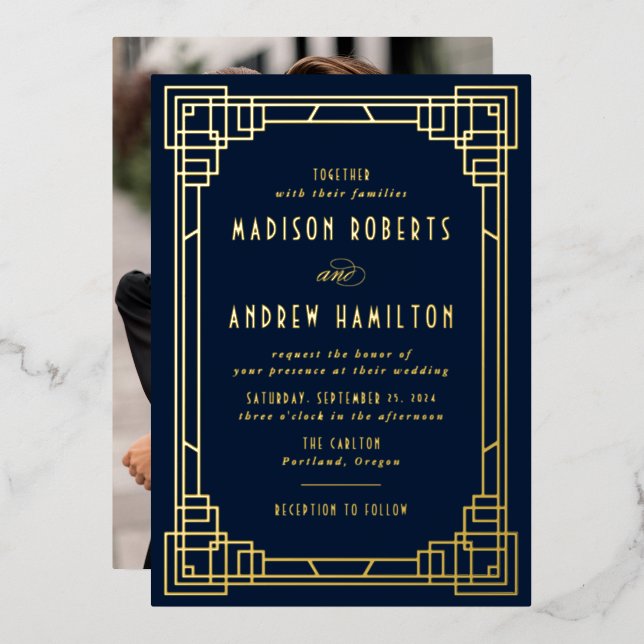 Invitación Con Relieve Metalizado Moderna marina Boda Art Deco y oro (Anverso/Reverso)