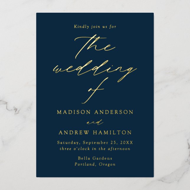Invitación Con Relieve Metalizado Moderna Marina de Elegancia y Boda de Oro (Anverso)
