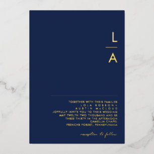 Invitación Con Relieve Metalizado Moderna Mínima Marina Y Boda Monograma De Oro Real