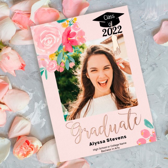 Invitación Con Relieve Metalizado Moderna moda de acuarela floral 2 fotos graduación (Subido por el creador)