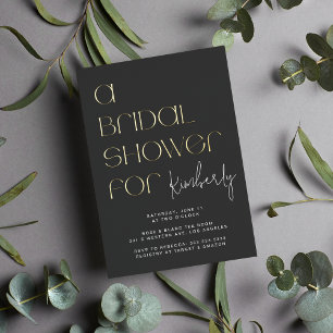 Invitación Con Relieve Metalizado Moderna negrita Black Gray Bridal Shower Gold