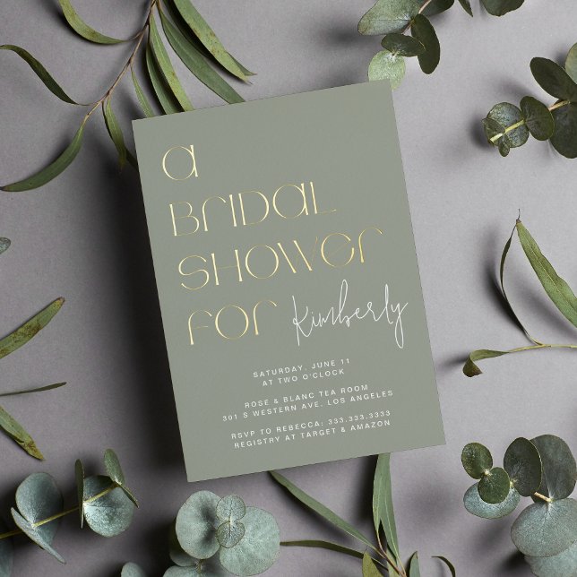 Invitación Con Relieve Metalizado Moderna negrita Sage Green Bridal Shower Gold (Subido por el creador)