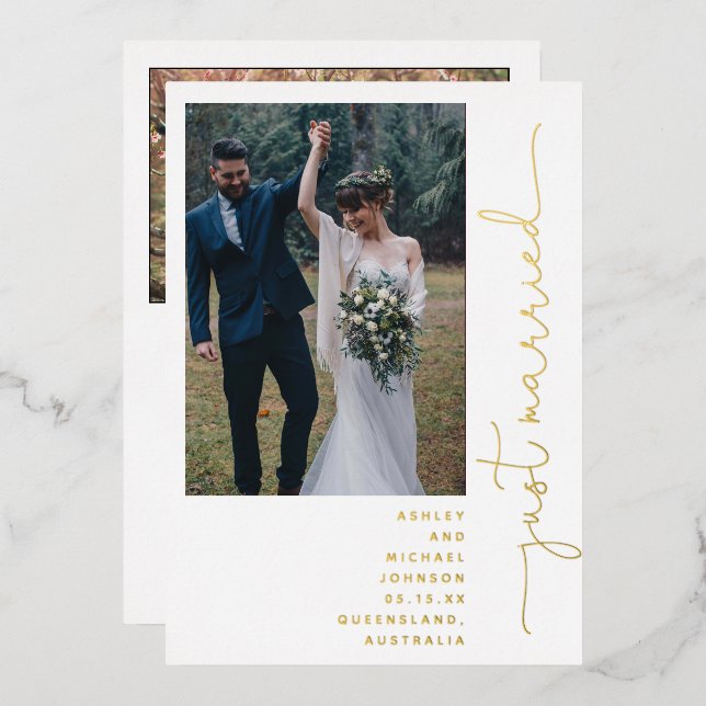 Invitación Con Relieve Metalizado Moderna recepción recién casada sólo 2 foto de oro (Anverso/Reverso)