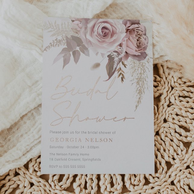 Invitación Con Relieve Metalizado Moderna Rubor Floral Bridal Shower Real Rosa Gold (Subido por el creador)
