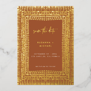 Invitación Con Relieve Metalizado Moderna Terracota Boho Frame Boda Guardar fecha