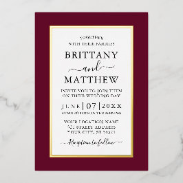 Invitación Con Relieve Metalizado Moderna y elegante Boda Borgoña Oro