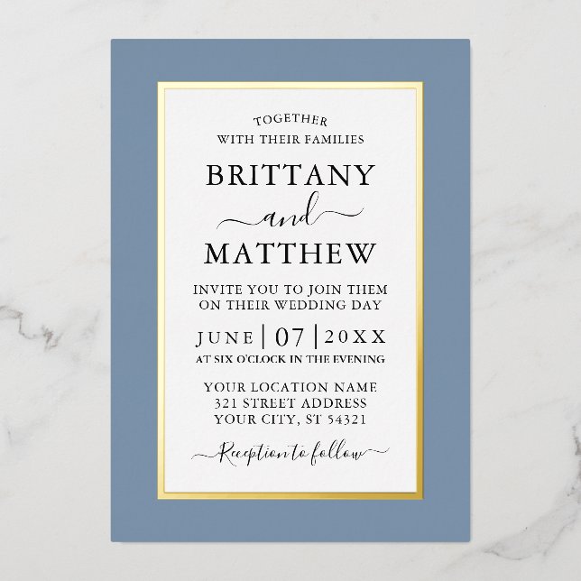 Invitación Con Relieve Metalizado Moderna y elegante Boda Dusty Blue Gold (Anverso)