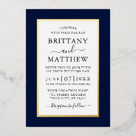 Invitación Con Relieve Metalizado Moderna y elegante Boda Oro Azul