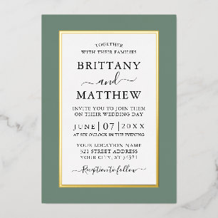 Invitación Con Relieve Metalizado Moderna y elegante Boda Sage Green Gold
