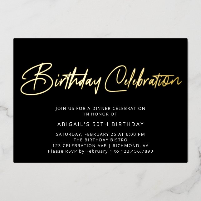 Invitación Con Relieve Metalizado Moderna y elegante celebración de cumpleaños en ne (Anverso)