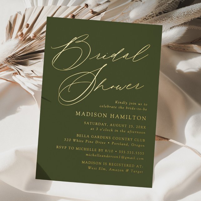 Invitación Con Relieve Metalizado Moderna y elegante escritura Olive Green Bridal Sh (Subido por el creador)