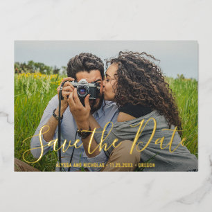 Invitación Con Relieve Metalizado Moderna y elegante foto de boda salva la fecha de 