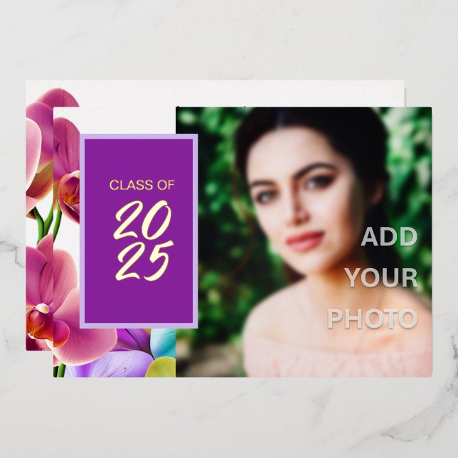 Invitación Con Relieve Metalizado Moderna y elegante foto de graduación de Relieve m (Anverso/Reverso)