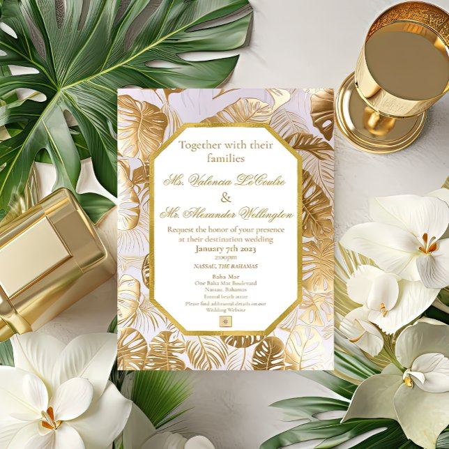 Invitación Con Relieve Metalizado Moderna y elegante Monstera dorada dorada (Subido por el creador)
