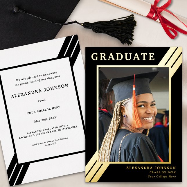 Invitación Con Relieve Metalizado Modernas audaces Stripes Grad Photo Black and Gold (Modern black and gold foil stripes graduate photo  graduation announcement card )