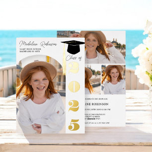 Invitación Con Relieve Metalizado Modernas fotos en negro y oro 4 Graduación
