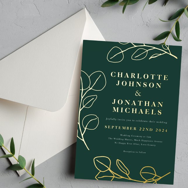 Invitación Con Relieve Metalizado Modernas hojas simples verdes y doradas (Minimalist leaves modern stylish dark green gold foil wedding invitation )