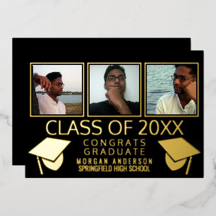 Invitación Con Relieve Metalizado Moderno 3 Tapones De Graduación De Fotografías: Ne
