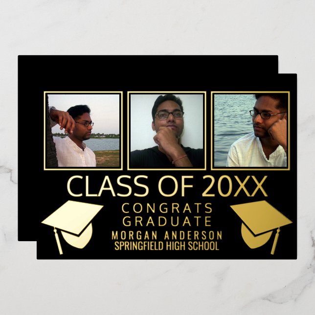 Invitación Con Relieve Metalizado Moderno 3 Tapones De Graduación De Fotografías: Ne (Anverso/Reverso)