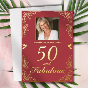 Invitación Con Relieve Metalizado Moderno 50 Fabuloso Cumpleaños Rojo Dorado