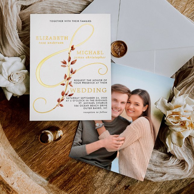 Invitación Con Relieve Metalizado Moderno Ampersand Photo Elegant Fall Wedding Gold (Subido por el creador)