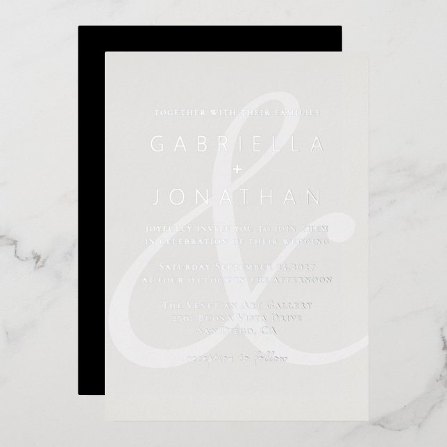 Invitación Con Relieve Metalizado Moderno Ampersor blanco y Boda Monocromo Plata F (Anverso/Reverso)