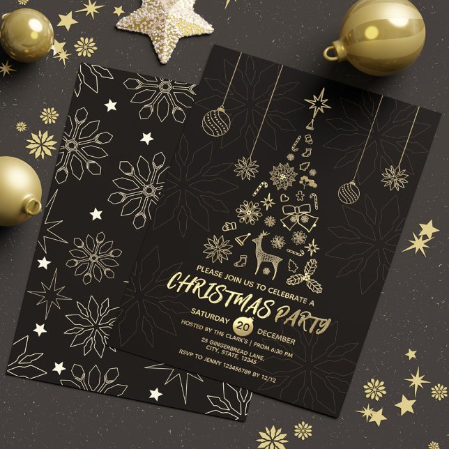 Invitación Con Relieve Metalizado Moderno árbol de Navidad simple negro y dorado ele (Modern Simple Black & Gold Elegant Christmas Tree Foil Invitation)