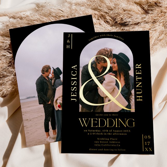 Invitación Con Relieve Metalizado Moderno arco de boho 2 fotos boda negro (Subido por el creador)