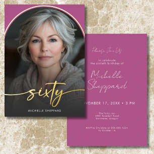 Invitación Con Relieve Metalizado Moderno Arco Rosa Mínimo Sesenta Cumpleaños