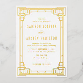 Invitación Con Relieve Metalizado Moderno Art Deco Boda Gold