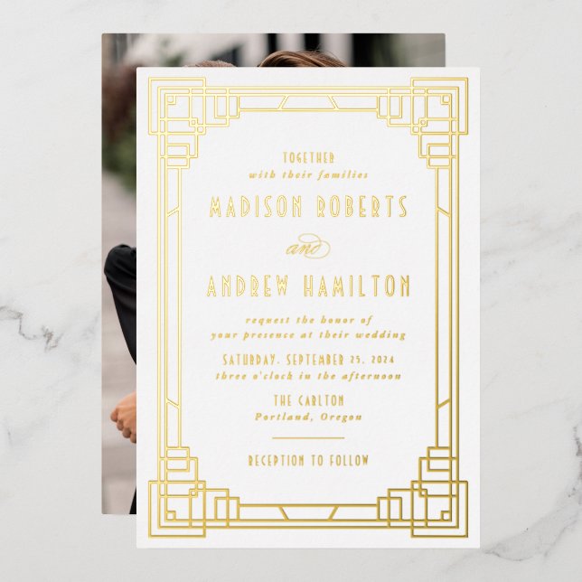 Invitación Con Relieve Metalizado Moderno Art Deco Boda Gold (Anverso/Reverso)