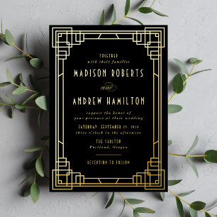 Invitación Con Relieve Metalizado Moderno Art Deco Boda Negro y Oro