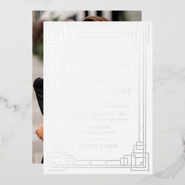 Invitación Con Relieve Metalizado Moderno Art Deco Boda Plata (Anverso/Reverso)