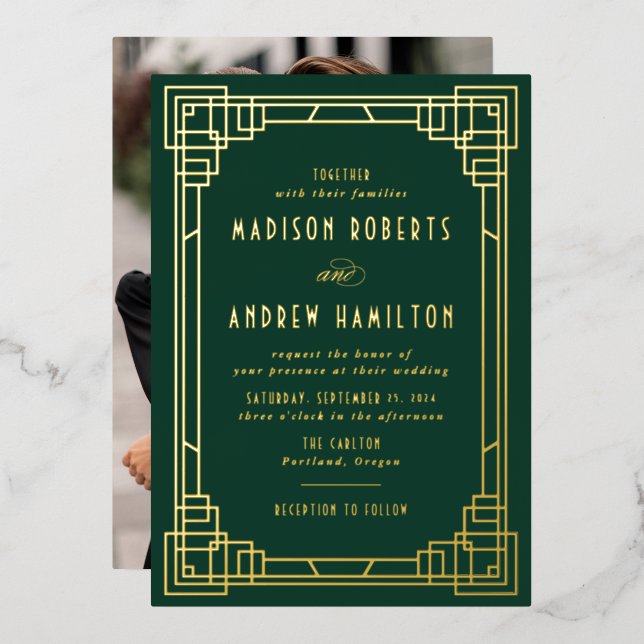 Invitación Con Relieve Metalizado Moderno Art Deco Boda Verde y Oro (Anverso/Reverso)