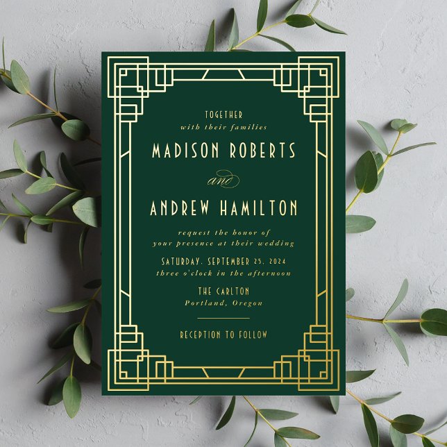 Invitación Con Relieve Metalizado Moderno Art Deco Boda Verde y Oro (Subido por el creador)