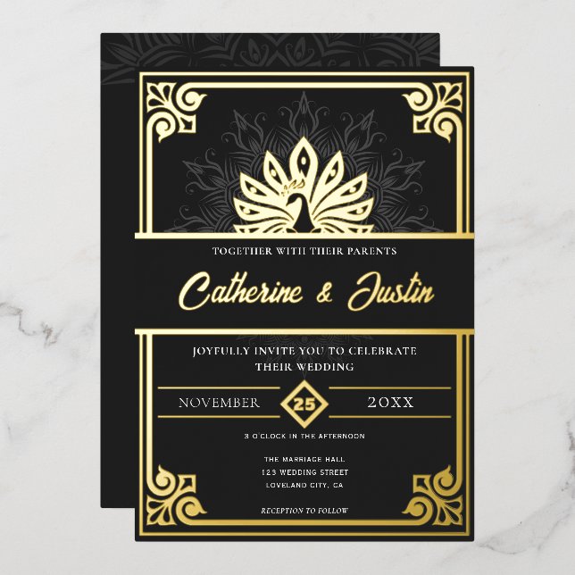 Invitación Con Relieve Metalizado Moderno Art Deco Peacock Boda Gold (Anverso/Reverso)