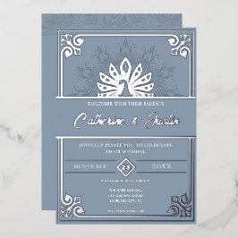 Invitación Con Relieve Metalizado Moderno Art Deco Peacock Boda Silver