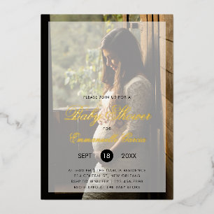 Invitación Con Relieve Metalizado Moderno Baby Shower dorado foto género neutral