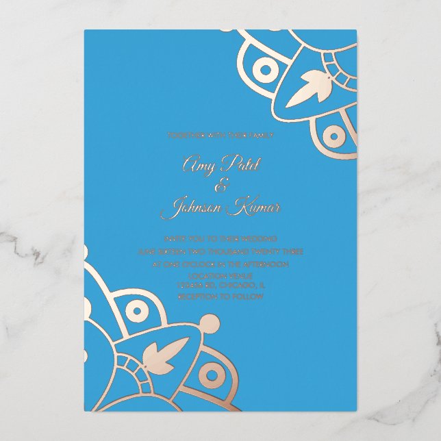 Invitación Con Relieve Metalizado Moderno Boda azul manala indio presionado (Anverso)