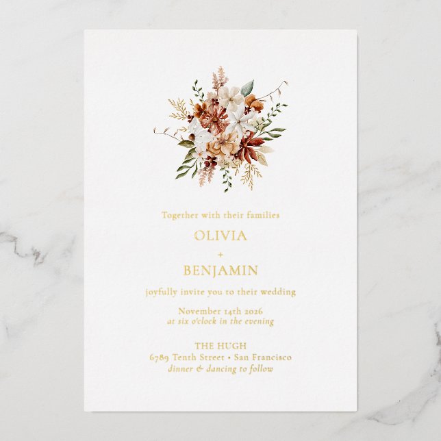 Invitación Con Relieve Metalizado Moderno Boda Botánico Borgoña Elegante (Anverso)